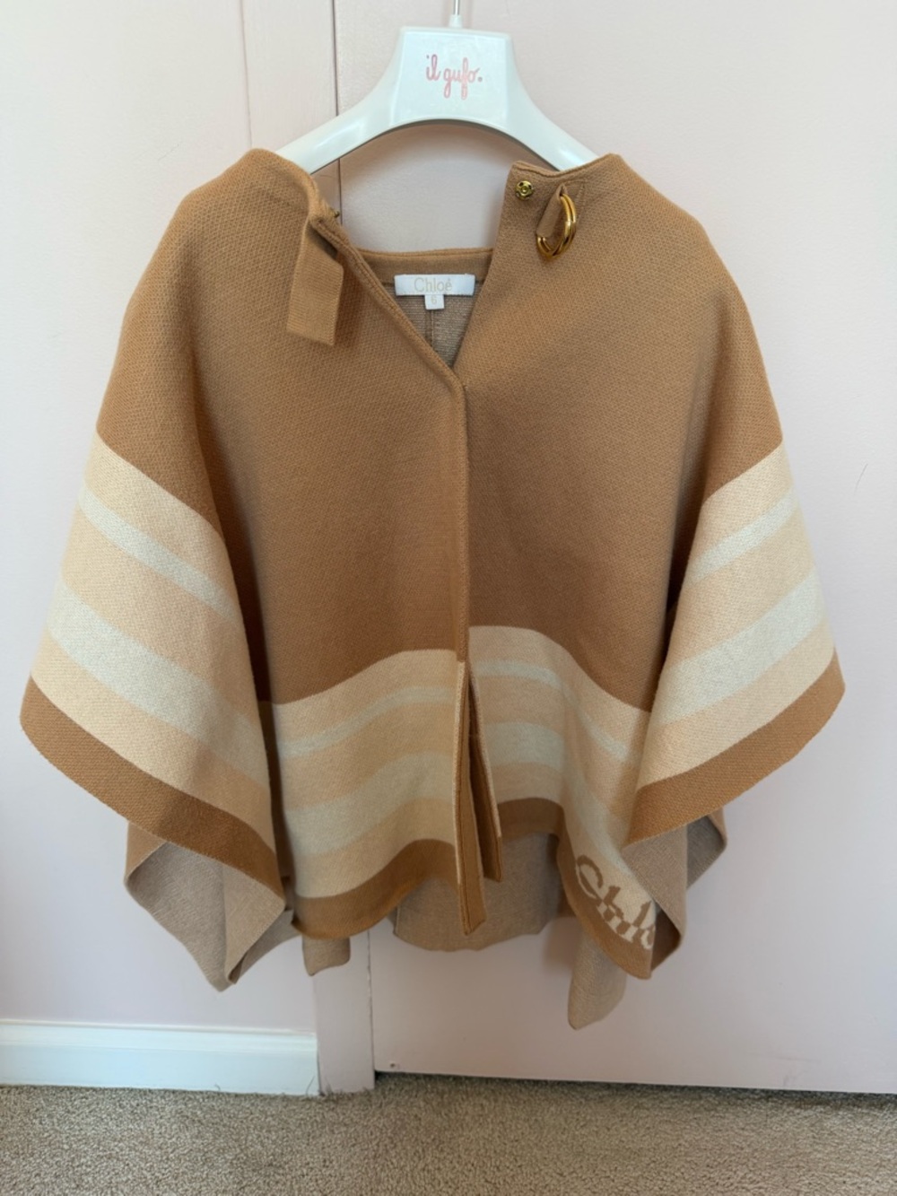 Chloe Camel and Cream Striped Poncho Knit Sweater
